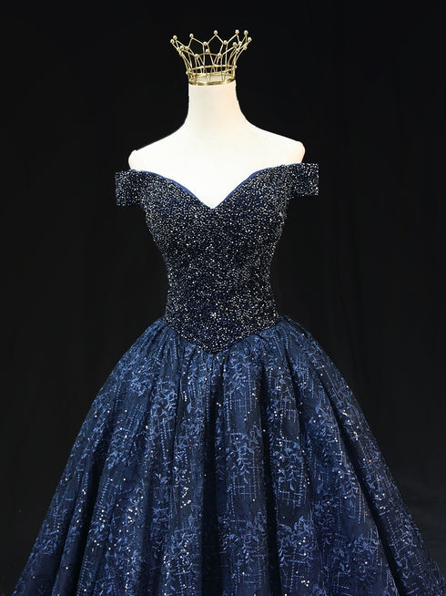 Gothic Navy Blue Off-Shoulder Ball Gown Wedding Dress - Sequin Wedding Dress - Strapless Glitter Dress Plus Size